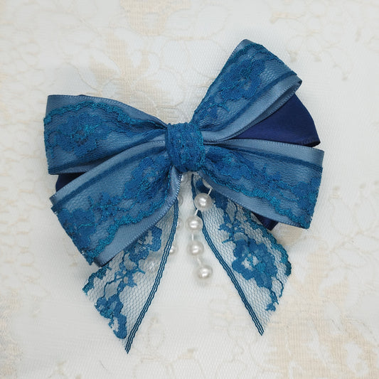 Blue & pearls clip bow