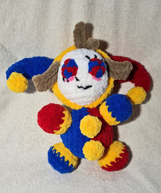 handmade crochet clown plush pomni inspired digital circus toy front view