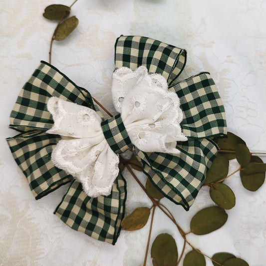handmade green hair bow clip with lace rustic style